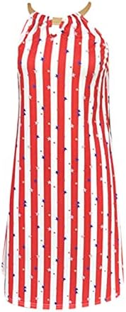 4th Temmuz Seksi Halter Elbiseler Kadınlar için Rahat Yaz Mini Elbise ABD Bayrağı Anahtar Deliği Kolsuz Yıldız Çizgili