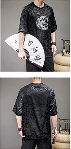 Yaz Çin Tarzı T-Shirt Retro Tang Takım Elbise Ejderha Nakış Jakarlı Gevşek Kısa Kollu Erkek Giyim Üstleri Erkek (Siyah,