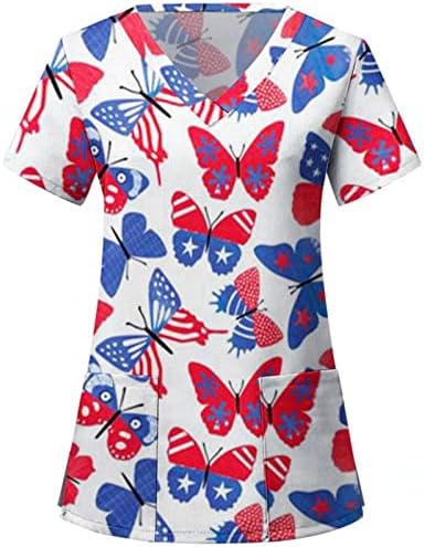 4th Temmuz Bluz Kadınlar için Yaz Kısa Kollu V Boyun Tees 2 Cepler ile Abd Bayrağı İş Giysisi Tatil Rahat Bluz Üst