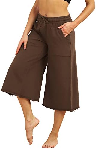 ıcyzone Culottes kapri pantolonlar Kadınlar için Elastik Bel Geniş Bacak Joggers Rahat Salon Pamuk Sweatpants Cepler