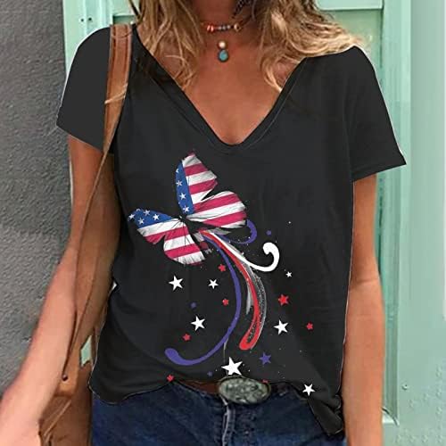 2023 Bağımsızlık Günü Üst Kadınlar Yaz Kısa Kollu V Boyun Tişörtleri Temmuz 4th Vatansever Tees Gömlek Amerikan Bayrağı
