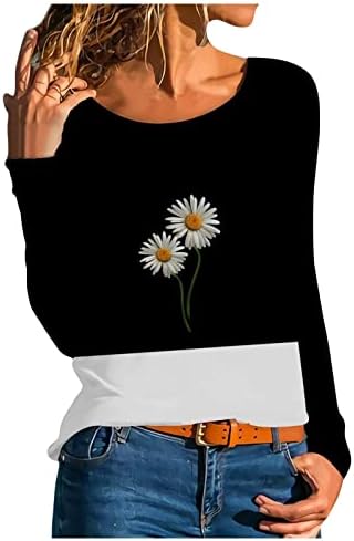 SYlibes Bayan 2023 Sonbahar Gömlek, Çiçek Baskı U Yaka Tişörtü Uzun Kollu İş Bluz Fit Gevşek Gömme Kadınlar için Tops