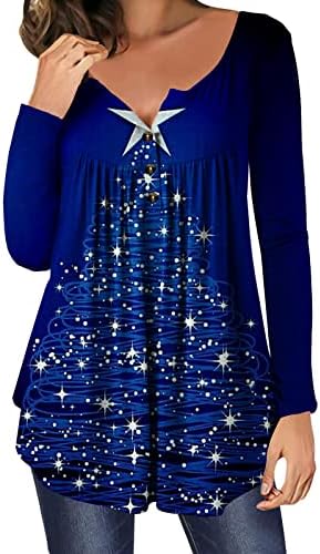 Led ışık Up Noel Kazak Kadınlar Şık Rahat Uzun Tunikler Gizlemek Göbek Pilili Henley Gömlek Düğmesi Peplum Tops