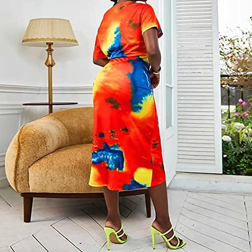 Kadın Yaz Kapalı Omuz Kuşaklı Elbise Rahat Kısa Kollu Renkli Plaj Elbise Elastik Bel Dantelli Yarık Uzun Maxi Elbise