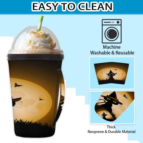 Şapkalı Siyah Kedi Dolunay Kullanımlık Buzlu Kahve Kollu Saplı Neopren kupa kılıfı Soda, Latte, Çay, İçecekler, Bira