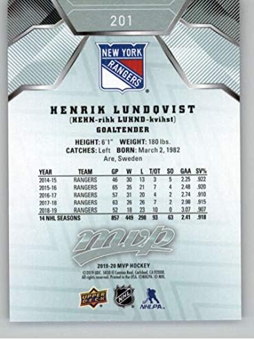 2019-20 Üst Güverte MVP Hokeyi 201 Henrik Lundqvist New York Rangers ud'den Resmi NHL Ticaret Kartı