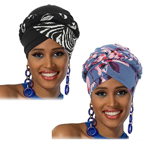 Woeoe Afrika Türban Mavi Örgü Streç Şapkalar Baskı Desen başörtüsü Önceden Bağlı Bere Kap Kafa Sarar Kadınlar ve Kızlar
