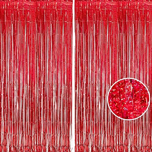 BRAVESHINE Kırmızı Glitter Cicili Bicili Folyo Saçak Curtains-2Pcs 3. 2x8. 2ft Tatil fotoğraf kabini Zemin Kız Prenses