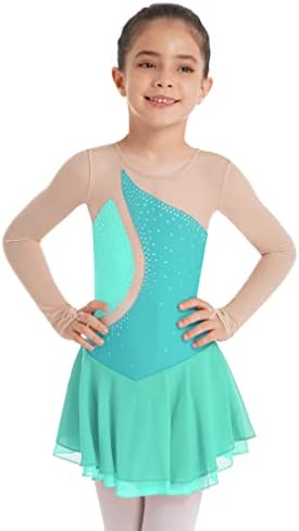 Agoky Çocuk Kız Örgü Patchwork Rhinestone Şekil Buz Pateni Elbise Fırfır Etek Bale Lirik dans kostümü