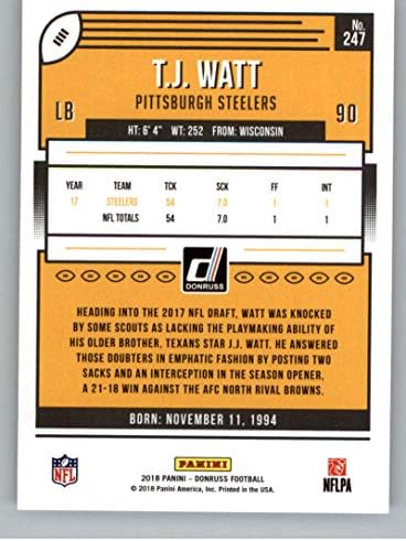 2018 Donruss Futbolu 247 T. J. Watt Pittsburgh Steelers Resmi NFL Ticaret Kartı