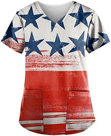 4th Temmuz T Shirt Kadınlar için Amerikan Bayrağı Yaz Kısa Kollu V Boyun Tshirt 2 Cepler Bluzlar Tatil Rahat İş Giysisi