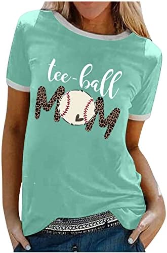 T-Top Beyzbol Anne T-Shirt Kadın Komik Beyzbol Mektup Baskılı Tees Renk Blok Kısa Kollu Leopar Üst Bluz