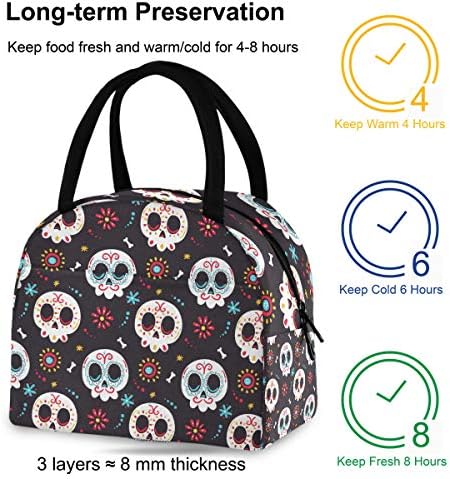 Yalıtımlı öğle yemeği çantası Kadın Ölü Gün Şeker Kafatası Cadılar Bayramı Büyük Sızdırmaz yemek taşıma çantası omuz