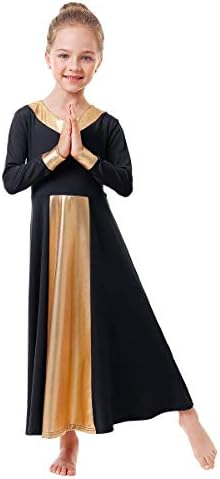 IBAKOM Kızlar Metalik Altın V Yaka Övgü dans elbiseleri Liturjik Kilise Gevşek Fit Tam Boy Renk Bloğu İbadet Giyim