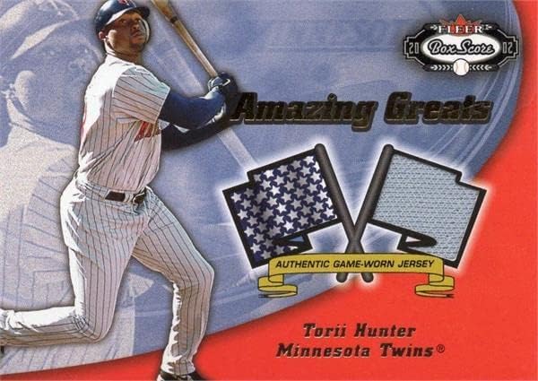 Torii Avcısı oyuncu yıpranmış forması yama beyzbol kartı (Minnesota Twins) 2002 Fleer İnanılmaz Greats TH-MLB Oyun