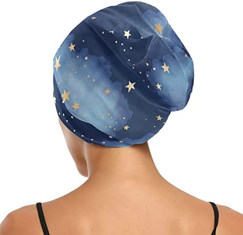 Kadın Bere Şapka Kafatası Çalışma Kap, koyu Mavi Yıldız Bulutlar Elastik Moda Şapkalar Gece Uyku Kaput Saç Kapak