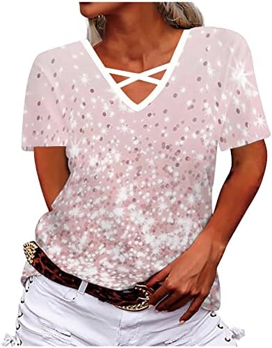 Kadın Yaz T-Shirt V Boyun Kısa Kollu Üstleri Grafik Kravat Boya Baskı Tees Casual Moda Slim Fit Gömlek Bluz