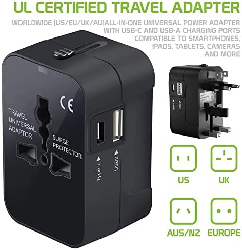 Seyahat USB Plus Uluslararası Güç Adaptörü 3 Cihaz için Dünya Çapında Güç için LG P875 ile Uyumlu USB TypeC, USB-A