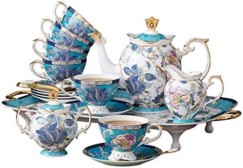 Yetişkinler için 16 Parça Mavi İngiliz Porselen Çay Setleri Seramik Çay Servisi Çaydanlık 6 Kahve Fincanı Set 1 Süt