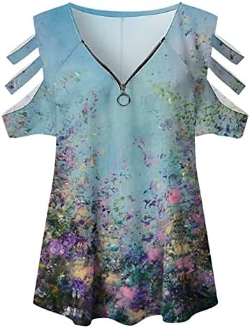 Yaz Sonbahar Çiçek Grafik Tshirt Kızlar Kapalı Omuz Kısa Kollu V Boyun Pamuk Zip Up Bluz T Shirt Bayan W3