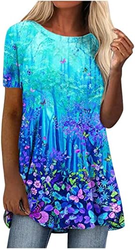 Kadın Kısa Kollu Tunik Üst Tayt ile Giymek için Yaz Casual Crewneck Gömlek Gevşek Fit Çiçek Baskı Bluzlar