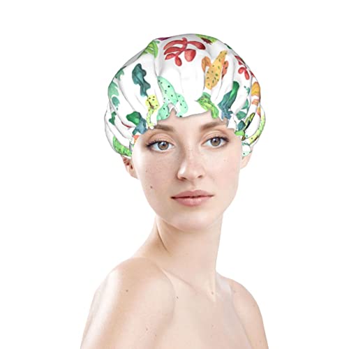Kadınlar Kullanımlık Streç Hem Saç Şapka Suluboya Kaktüs Succulents Çift Katmanlar Su Geçirmez Duş Başlığı banyo bonesi