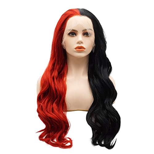 LUSHY GÜZELLIK Saç Sentetik Dantel ön peruk Dalgalı Uzun 24 inç Yarım Siyah Yarım Kırmızı Mix ağır yoğunluk ısıya
