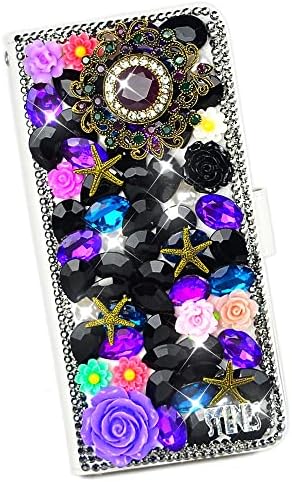 Peri Sanat Kristal Cüzdan Kılıf Samsung Galaxy A01 Çekirdek ile uyumlu-Lüks Çiçek-Siyah ve Koyu Mor-Ekran Koruyucu