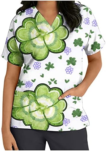 Bayan V Boyun T Shirt Aziz Patrick Günü Baskı Tatil Shamrock Scrubs Üstleri Yaz Rahat Hemşirelik Üniforma Cep