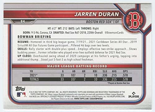 Beyzbol Ticaret Kartı MLB 2022 Bowman 84 Jarren Duran NM Yakın Nane RC Çaylak Red Sox