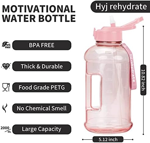 hyj rehydrate 2,2 L Yarım Galonluk Su Şişesi, Saklama Kollu ve Kapalı Hasır Kapaklı - BPA İçermeyen, Kulplu Yeniden