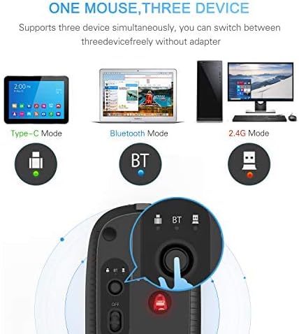 VssoPlor Bluetooth Kablosuz Fare, 3 Cihaza Kolay Geçiş, Şarj Edilebilir Tip C Fare MacBook, Dizüstü Bilgisayar, Windows