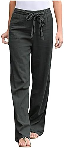 RKSTN Yüksek Belli Geniş Bacak Pantolon Kadınlar için Rahat İpli Elastik cepli pantolon Pamuk Keten Uzun Düz Pantolon