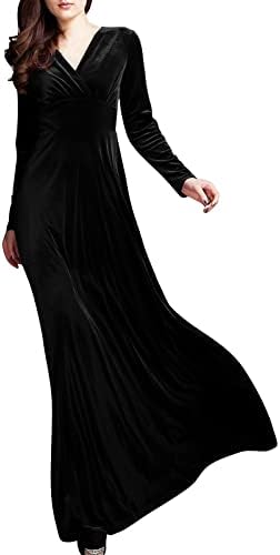 SGASY Kadınlar Uzun Kollu V Yaka Kadife Sıkı uzun elbise Zarif A-Çizgili Parti Kokteyl Elbisesi