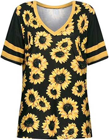 Kız Üstleri Kısa Kollu Bluzlar Tişörtleri Crewneck Derin V Boyun Renk Bloğu Ayçiçeği Çiçek Artı Boyutu Kravat Boya