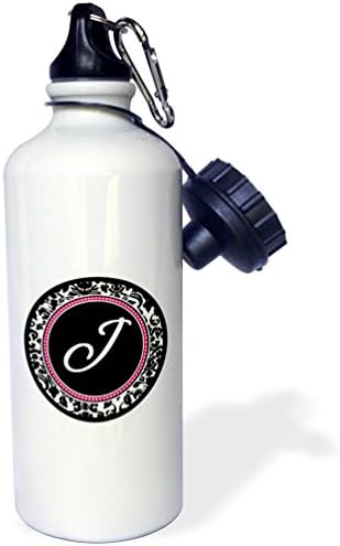3dRose Mektup J şık monogramlı daire - sıcak pembe ile girly kişisel ilk kişiselleştirilmiş siyah şam Spor Su Şişesi,