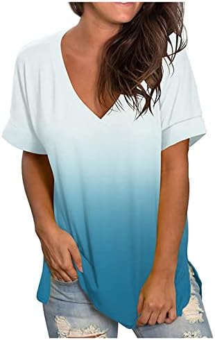 Yaz Üstleri Kadınlar için Moda V Boyun Degrade Baskı Bluzlar Gevşek Fit Kısa Kollu Tee 2023 Moda Casual Gömlek