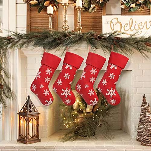 Ivenf Noel Çorap, 4 Adet 18 inç Büyük Kırmızı Peluş Polar Kar Tanesi Baskılı Çorap, aile Tatili için Noel Partisi