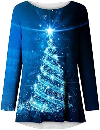 Kadın Noel Tunik Üstleri, 2022 Noel Ağacı Baskı Crewneck Uzun Kollu Gömlek Yumuşak Rahat Tunik Bluz Tops