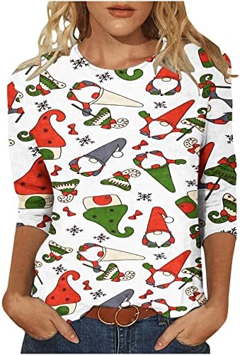 Kadın Sevimli Noel Baskı T Shirt 3/4 Uzun Kollu Casual Grafik Tees Gömlek Çiçek Komik Tatil Bluz Tops