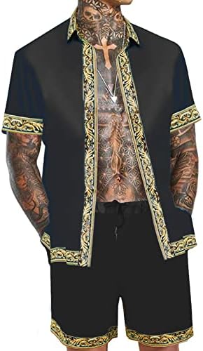 OYOZONE erkek havai gömleği ve Kısa Set 2 Parça Kıyafetler Lüks Baskılı Casual Düğme Aşağı Kısa Kollu Saten Gömlek