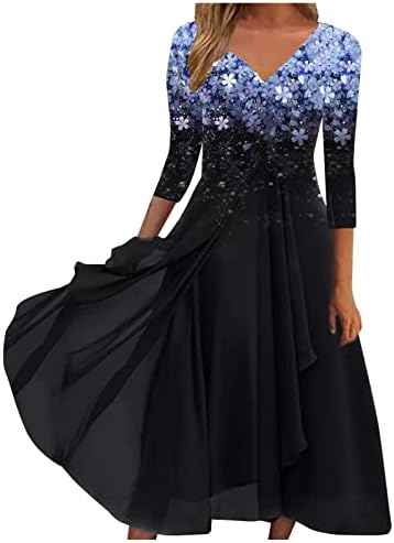 ZEFOTİM günlük elbiseler Kadınlar için 2023 Uzun Kollu Çiçek Fırfır Dökümlü V Boyun Maxi Elbise Moda Güneş Boho Dökümlü