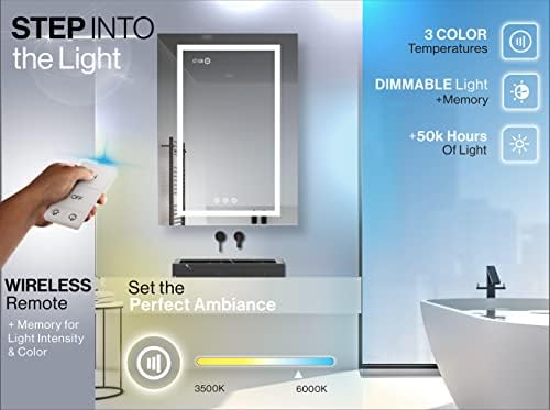 KRİSTALLUM Banyo Aynası Dolabı - 24x32 Sol Kapı-LED Işıklı Ecza Dolabı w/Kablosuz Anahtar + Buğu Önleyici/Su Geçirmez/Kısılabilir